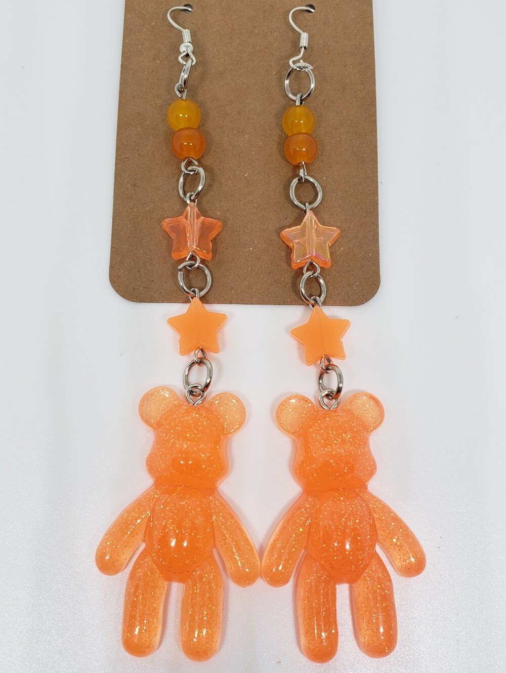 Handmade Beaded Neon Orange Glitter Teddy Bear Earrings